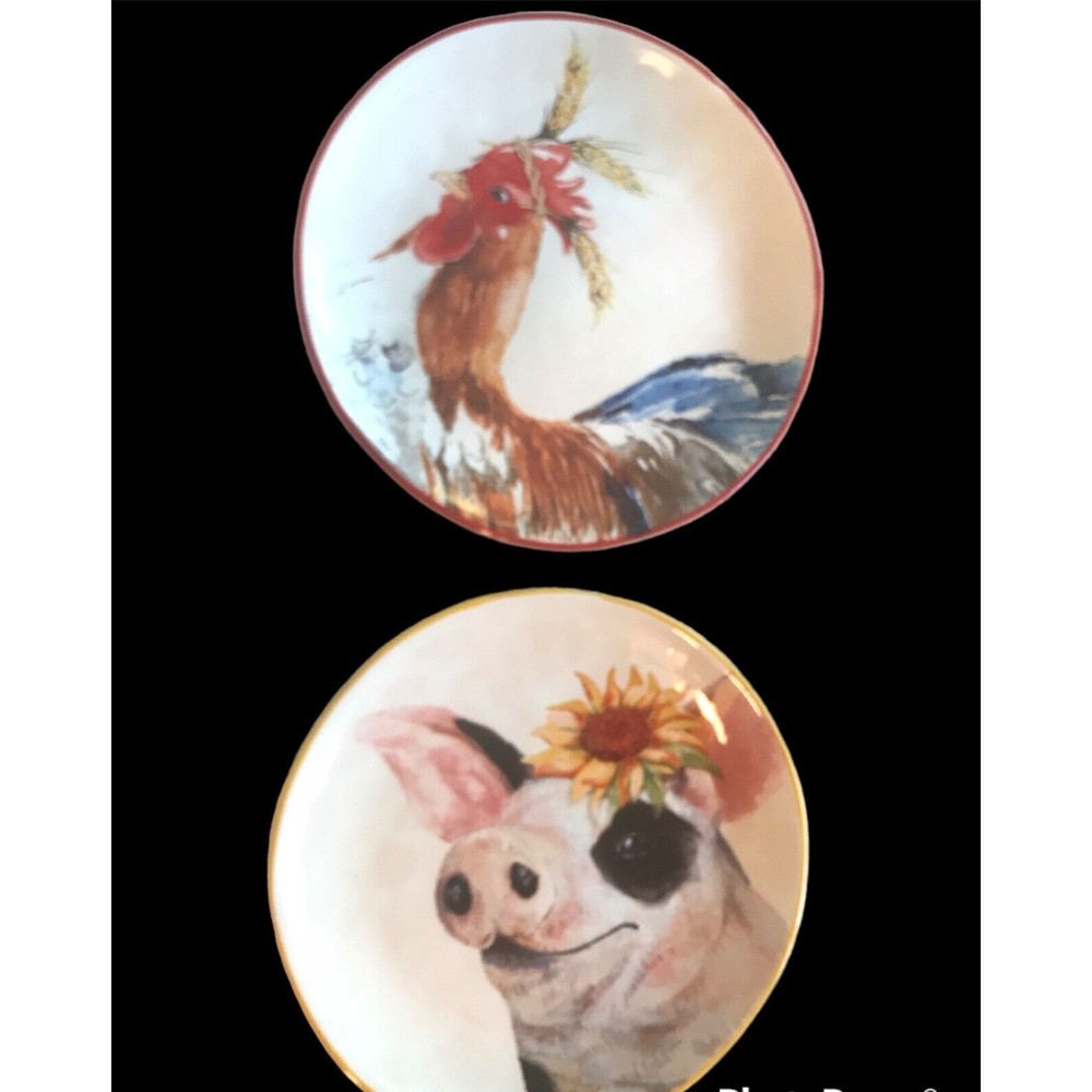 Pier 1 Imports Hand-Painted Stoneware Plates Set of 2 Rooster and Pig